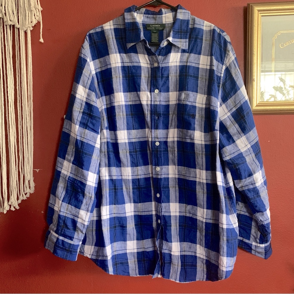 Lauren Ralph Lauren 100% linen blue plaid button down size 2x